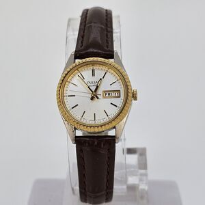 VTG Pulsar Watch Women 24MM Gold Dial Brown Leather Bands Up to 6.5" New Battery